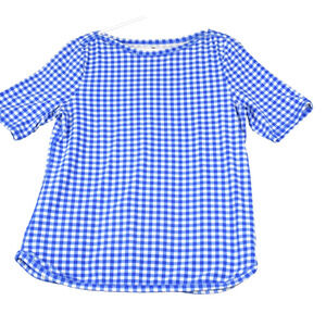 Talbots Top Womens Large Blue Check Short Sleeve Pullover Stretch